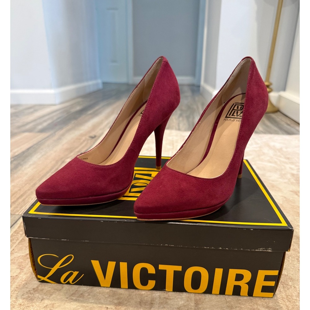 Pour La Victoire Daina Burgundy Kid Suede Pointed Toe Platform Pumps Heels 7.5
